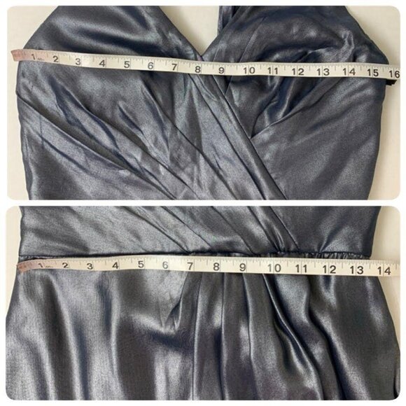 Vera Wang Satin Chiffon Halter V Neck Cocktail Dress Size 6 Navy Metallic - Picture 9 of 11